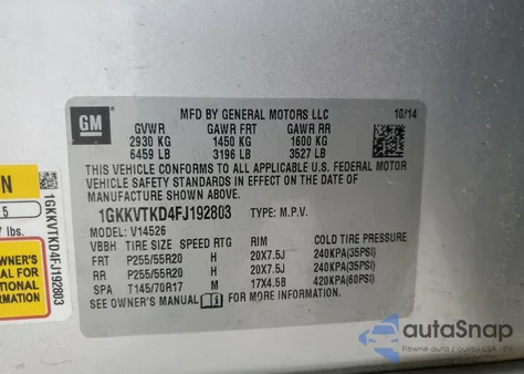 2015 GMC Acadia Denali из США, поврежденный, VIN 1GKKVTKD4FJ192803